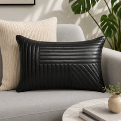 Genuine Leather Rectangle Pillow Cover Black Stitch