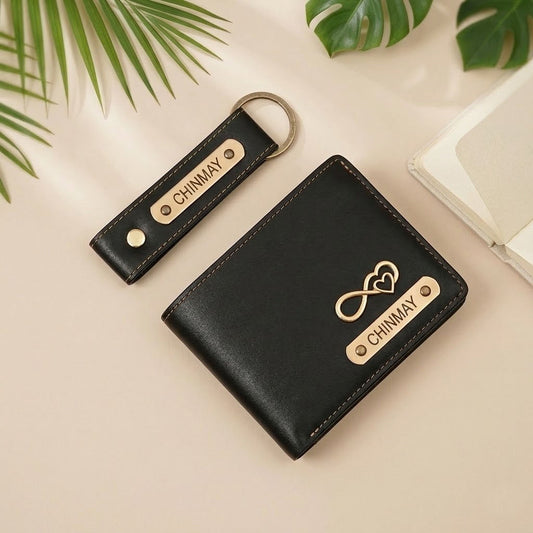 Customized Men's Leather Wallet & Keychain Black