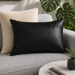Genuine Leather Rectangle Pillow Cover Black Bunai
