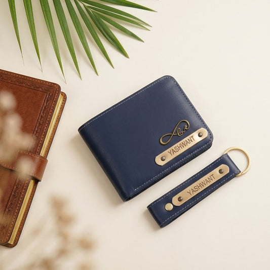 Customized Men's Leather Wallet & Keychain Blue