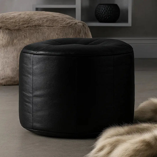 Genuine Leather Footrest Ottoman Pouf Black
