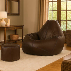 Genuine Leather Bean Bag & Footrest Brown