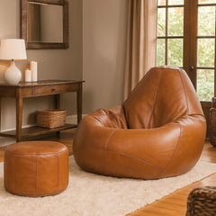 Genuine Leather Bean Bag & Footrest Tan
