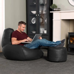Genuine Leather Footrest Ottoman Pouf Black