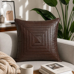 Genuine Leather Square Cushion Cover Brown Stitch