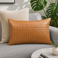 Genuine Leather Rectangle Pillow Cover Tan Stitch