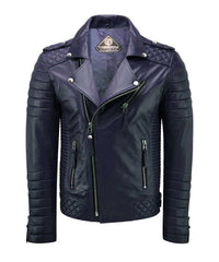 A navy blue men’s genuine leather biker jacket with quilted shoulders and sleeves, zippered pockets, asymmetric front zipper, and silver snap button details. The Trimafark brand label is visible inside the collar.