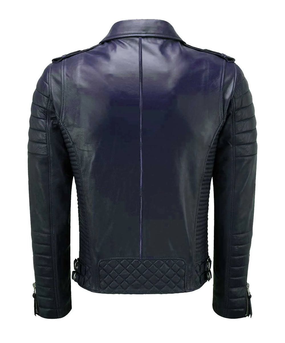 The Men’s Genuine Leather Biker Jacket in Navy Blue features back and sleeve quilted panels, shoulder epaulets, and cuff zippers for a classic biker style.