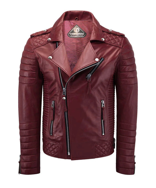 Men’s Cherry Red Genuine Lambskin Biker Leather Jacket