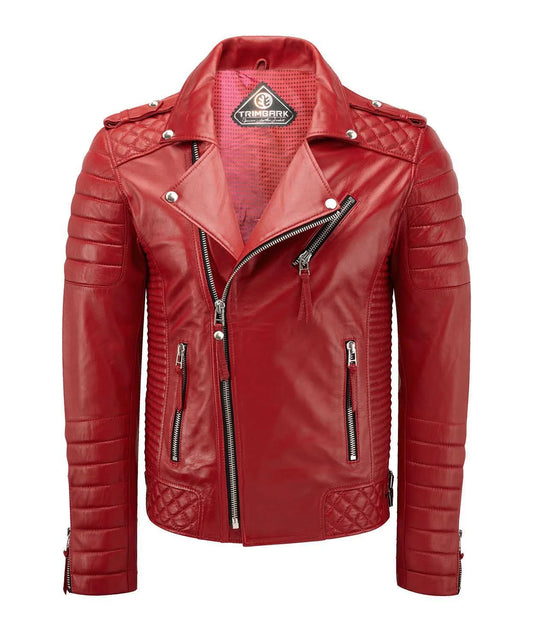 Men’s Red Genuine Lambskin Biker Leather Jacket