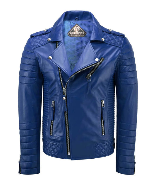 The Men’s Genuine Leather Biker Jacket in royal blue features a slim fit, quilted shoulders and sleeves, silver zippers, and snap-button accents. Crafted from lambskin leather and displayed on a plain white background.