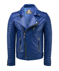 The Men’s Genuine Leather Biker Jacket in royal blue features a slim fit, quilted shoulders and sleeves, silver zippers, and snap-button accents. Crafted from lambskin leather and displayed on a plain white background.