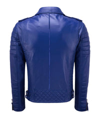 The Men’s Genuine Leather Biker Jacket Royal Blue is shown from the back, featuring quilted lower back details, ribbed side panels, zippered cuffs on long sleeves, a collar, and classic shoulder epaulets.