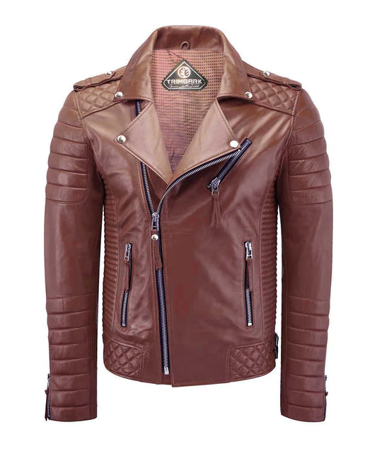 Men’s Tan Genuine Lambskin Biker Leather Jacket