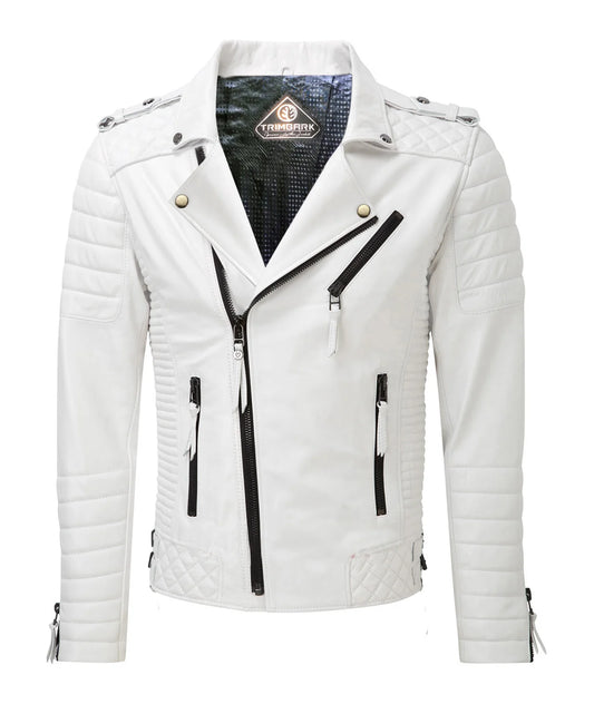 The Men’s Genuine Leather Biker Jacket White features quilted shoulders and sleeves, black zippered pockets, snap collar, and a diagonal front zipper for a classic biker look.
