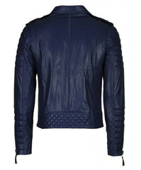 The Men’s Genuine Leather Motorcycle Jacket Navy Blue is crafted from premium lambskin and features quilted details on the lower back and sleeves, zipper accents at the cuffs, and shoulder epaulets for a distinctive biker look.