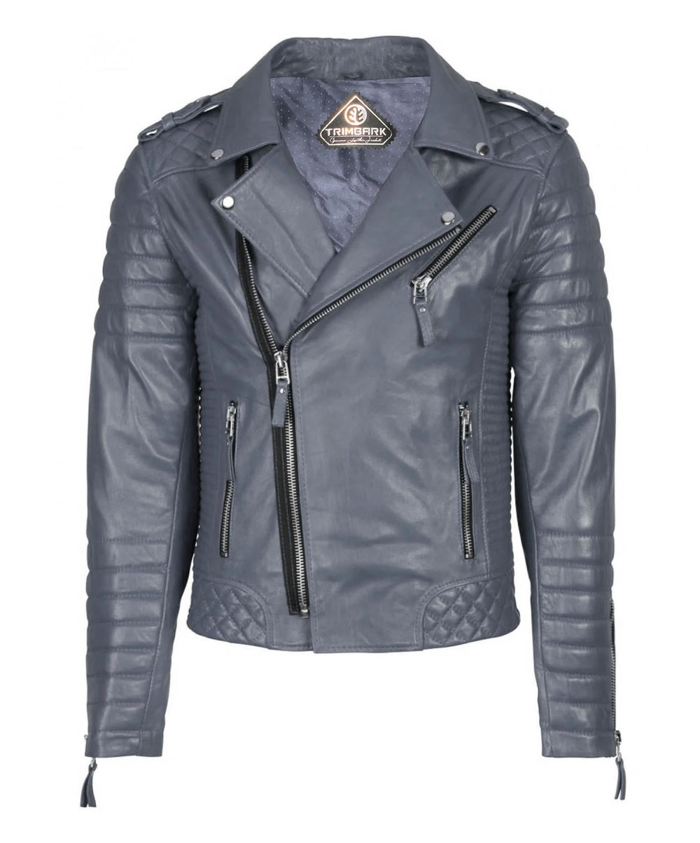 The Men’s Genuine Leather Motorcycle Jacket Gray features quilted shoulders and sides, zippered pockets, an asymmetric front zipper, and epaulets, shown in charcoal gray on a white background.