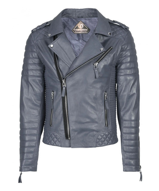 The Men’s Genuine Leather Motorcycle Jacket Gray features quilted shoulders and sides, zippered pockets, an asymmetric front zipper, and epaulets, shown in charcoal gray on a white background.
