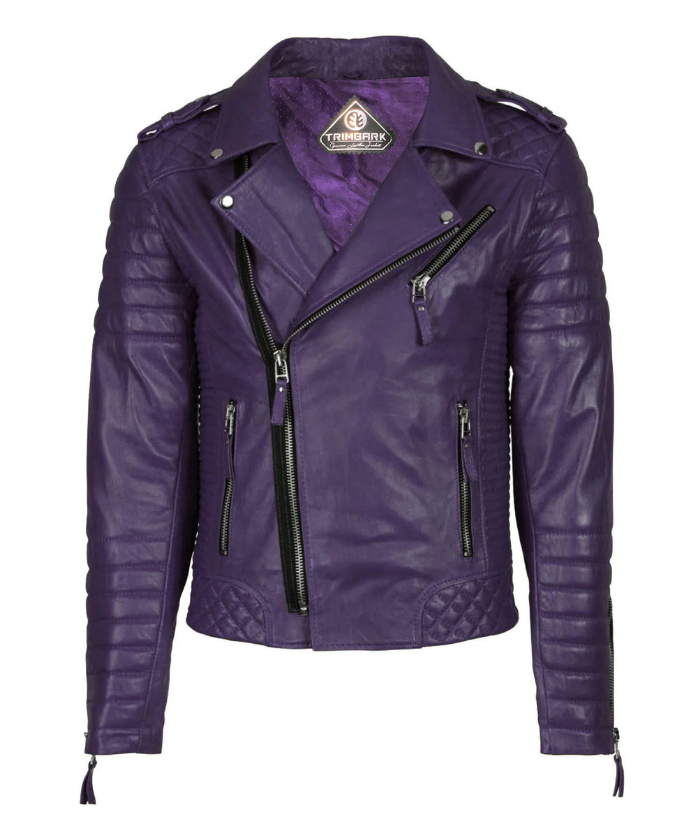 The Men’s Genuine Leather Motorcycle Jacket Purple features quilted shoulder and hem details, zippered pockets, angled front zip, wide collar, black zipper accents, and a slim-fit design—crafted from lambskin leather.