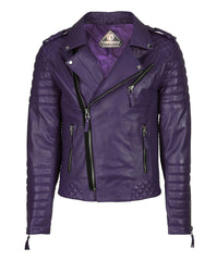 The Men’s Genuine Leather Motorcycle Jacket Purple features quilted shoulder and hem details, zippered pockets, angled front zip, wide collar, black zipper accents, and a slim-fit design—crafted from lambskin leather.