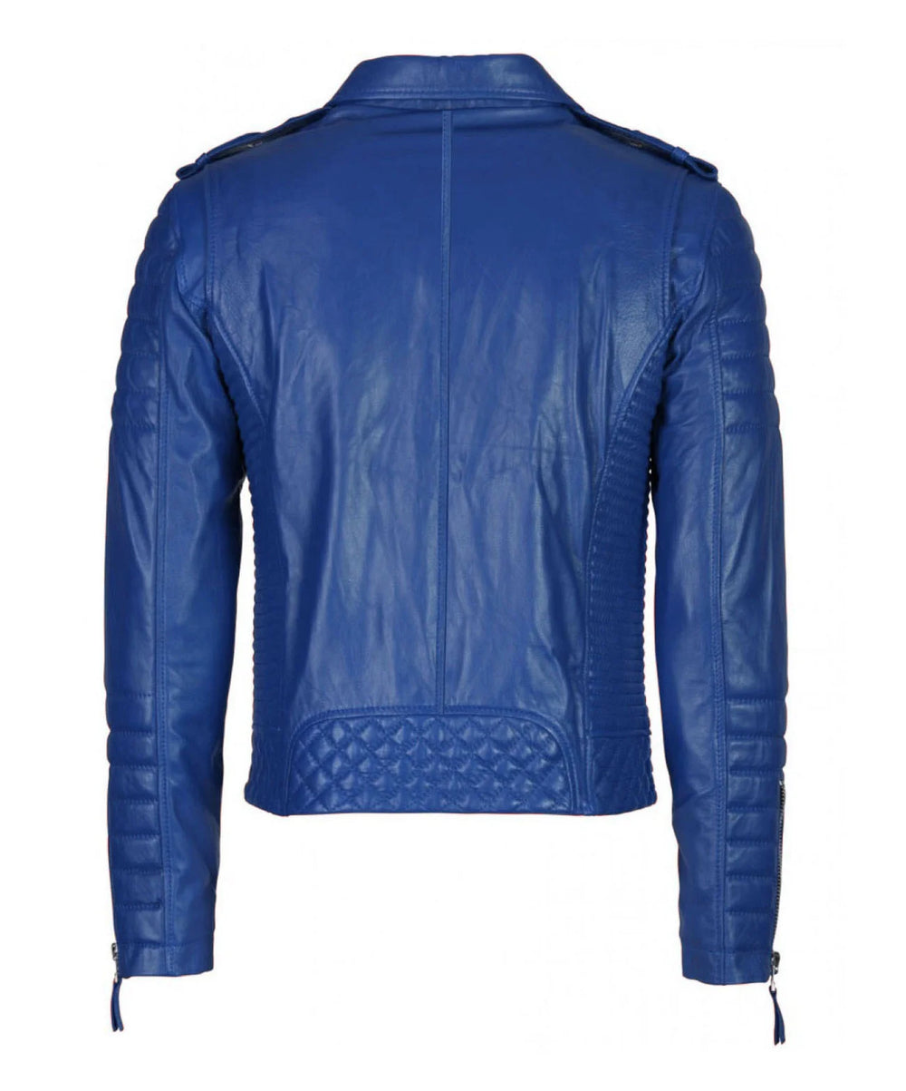 The Men’s Genuine Leather Motorcycle Jacket Blue is shown from the back, with quilted detailing on the lower back and elbows, long zippered sleeves, and shoulder epaulettes.