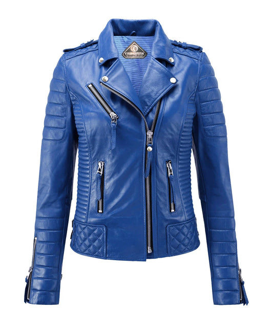 Women’s Blue Genuine Lambskin Biker Leather Jacket