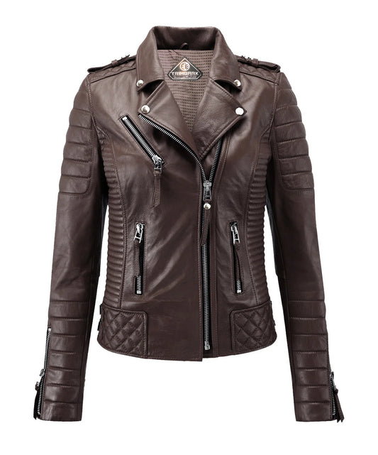 Women’s Brown Genuine Lambskin Biker Leather Jacket