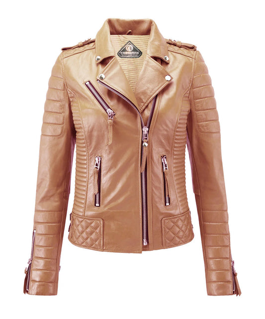 Women’s Beige Genuine Lambskin Biker Leather Jacket