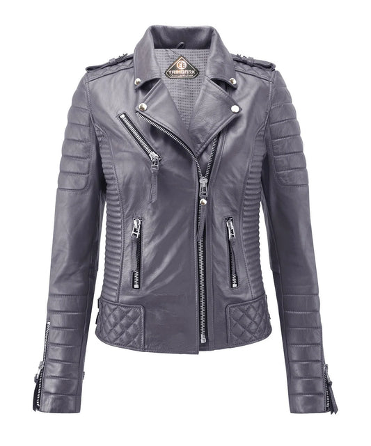 Women’s Genuine Leather Biker Jacket Grey