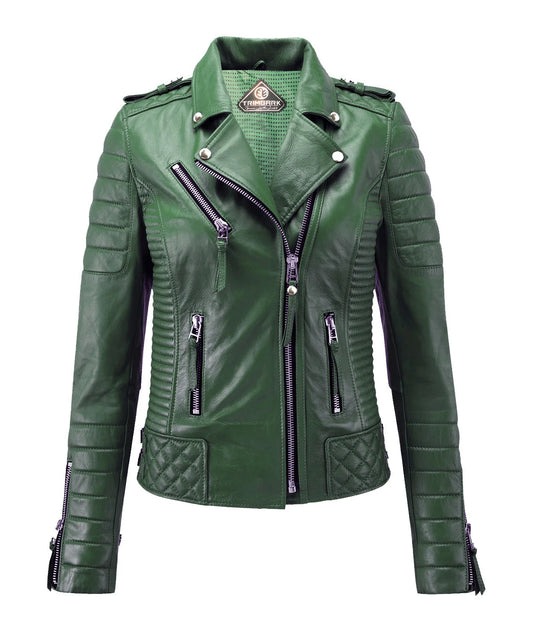 Women’s Genuine Leather Biker Jacket Green