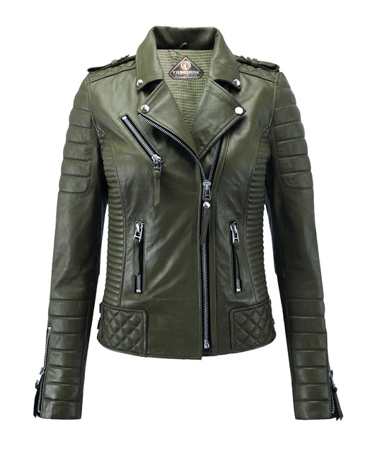 Women’s Genuine Leather Biker Jacket Olive Green