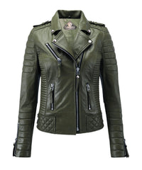 Women’s Genuine Leather Biker Jacket Olive Green