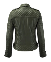 Women’s Genuine Leather Biker Jacket Olive Green