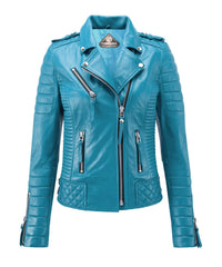 Women’s Genuine Leather Biker Jacket Turquoise