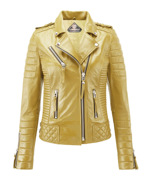 Women’s Genuine Leather Biker Jacket Yellow