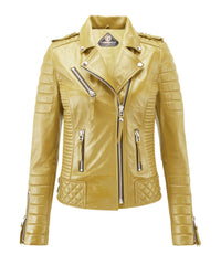 Women’s Genuine Leather Biker Jacket Yellow