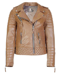 Women’s Genuine Leather Moto Jacket Camel
