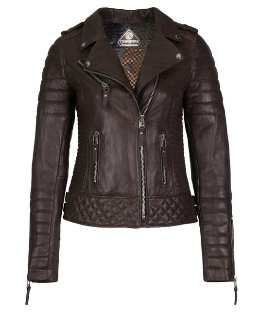 Women’s Genuine Leather Moto Jacket Dark Brown