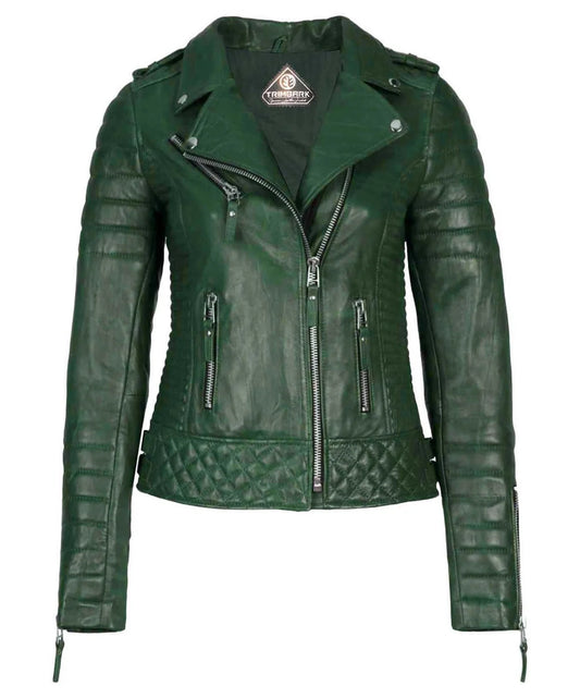 Women’s Genuine Leather Moto Jacket Green