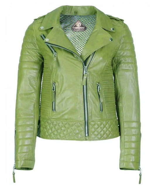 Women’s Genuine Leather Moto Jacket Lime Green