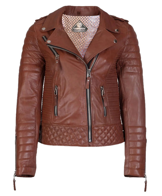 Women’s Genuine Leather Moto Jacket Tan