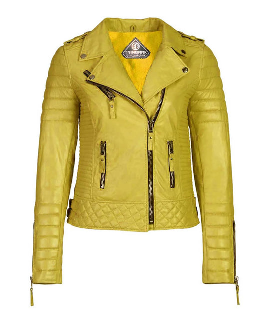 Women’s Genuine Leather Moto Jacket Yellow