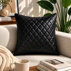 Genuine Leather Square Pillow Cover Black Cross Stitch