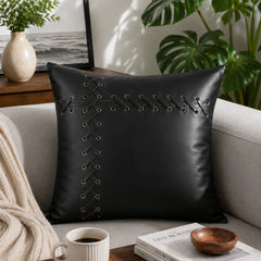 Genuine Leather Square Pillow Cover Black Bunai
