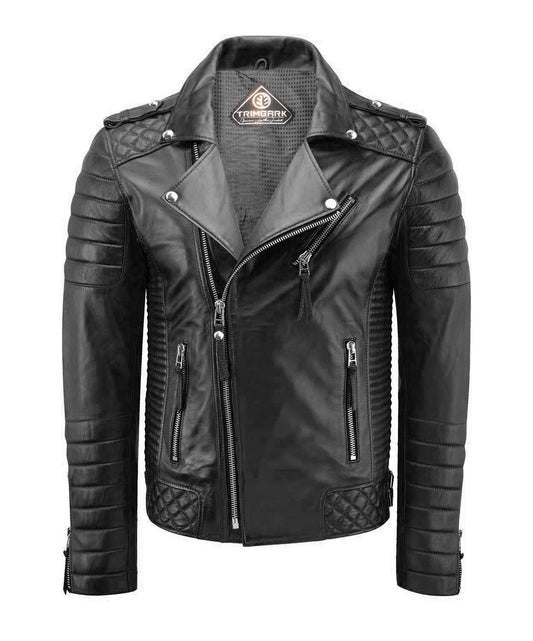 Men’s Genuine Lambskin Leather Biker Jacket Black