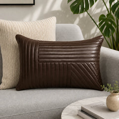 Genuine Leather Rectangle Pillow Cover Brown Stitch