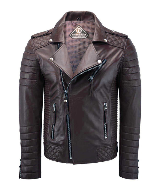 Men’s Genuine Lambskin Leather Biker Jacket Brown