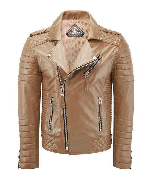 Men’s Genuine Lambskin Leather Biker Jacket Camel