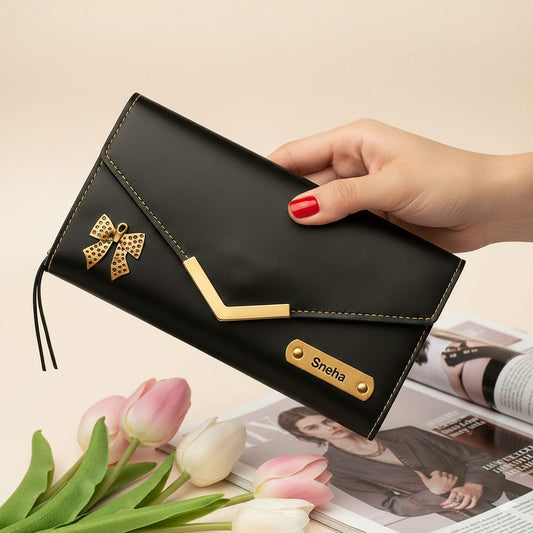 Customized Women’s Leather Clutch Wallet Black