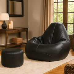 Genuine Leather Bean Bag & Footrest Black